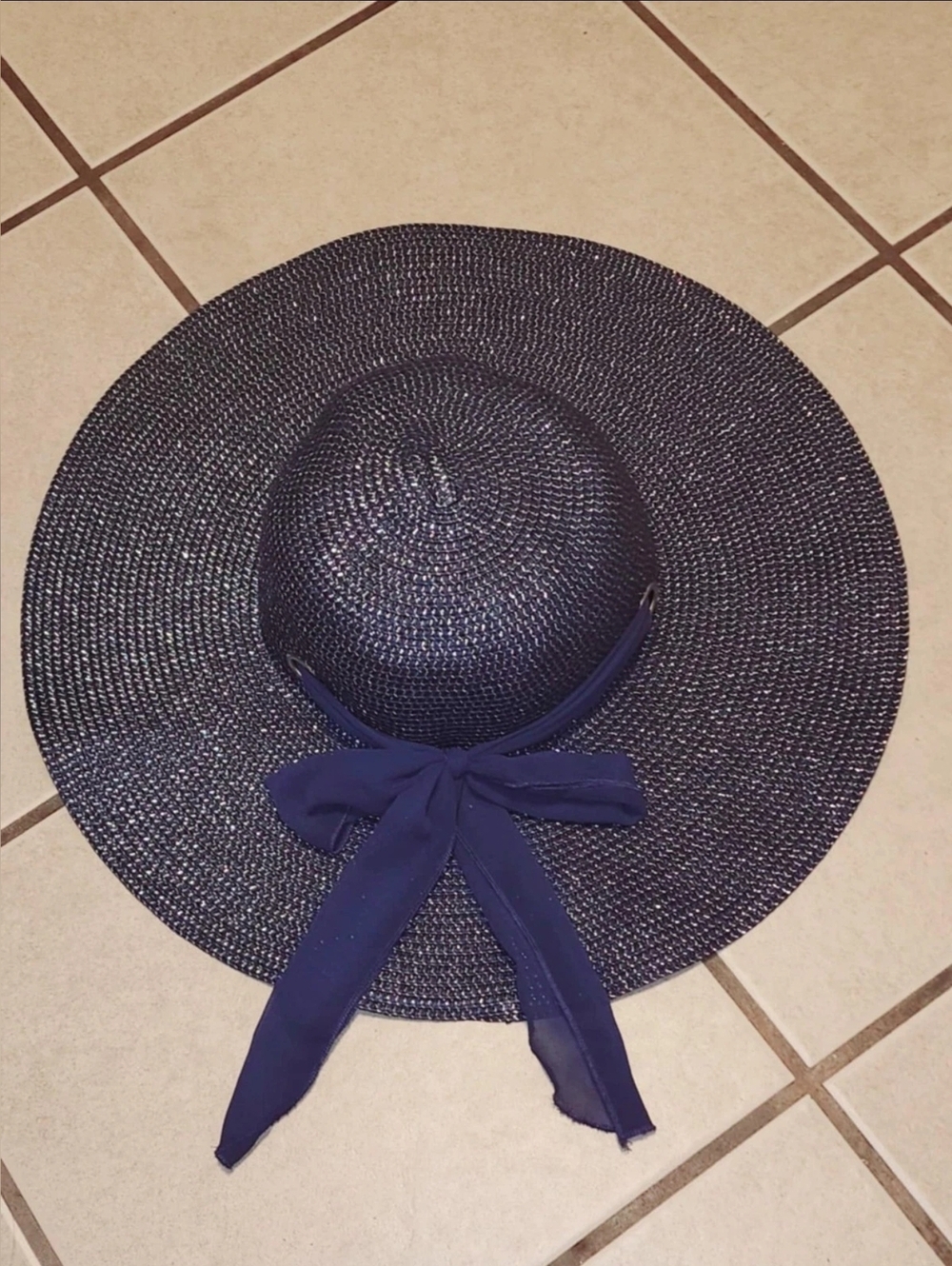 Woman Wide Large Brim Floppy Fold Beach Straw Sun Hat Navy Blue